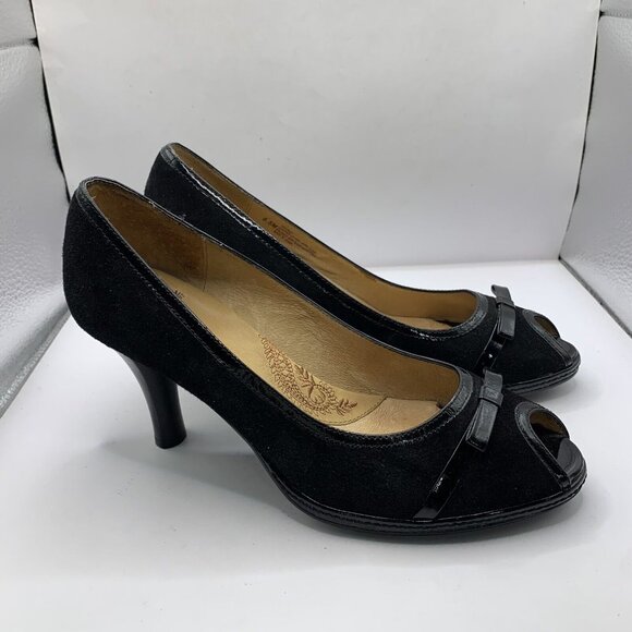 Sofft Shoes - Sofft 1015421 Women Black Peep Toe Bow Suede Leather Heel Shoe Size 8.5